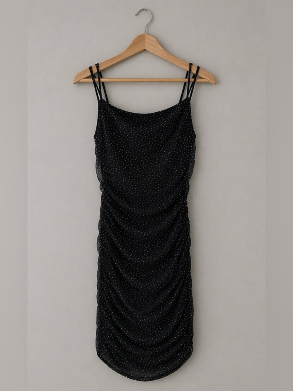 Lucy in the Sky Black Polka Dot Ruched Mini Dress Size L Spaghetti Strap Bodycon
